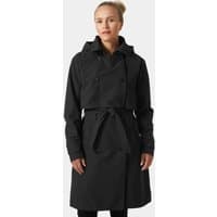 Black Helly Hansen women's trench coat with hood, double-breasted buttons, and waist belt, size XL.