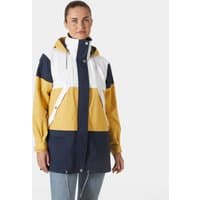 Beige Helly Hansen women's all-weather jacket with hood, large size, featuring navy and white color blocks.