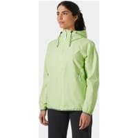 Green Helly Hansen women's rain jacket with hood, front zipper, and adjustable cuffs, size L.