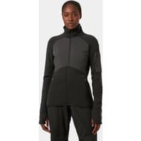 Black Helly Hansen women's midlayer jacket with high collar, full zip, and thumbholes, featuring contrasting dark gray panels.