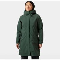 Green Helly Hansen women's insulated raincoat with hood, front zipper, and long sleeves, size S.