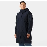 Navy Helly Hansen women's insulated raincoat, hooded, knee-length, with front zipper and button closure, size XL.