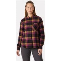 Purple plaid Helly Hansen women's flannel shirt with button-up front and chest pocket.