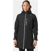 Black Helly Hansen women's 3/4 length rain jacket with hood, front zipper, and chest pocket, size L.