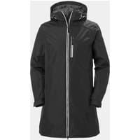 Black Helly Hansen women's long insulated winter jacket with hood, front zipper, and chest pocket, size XS.