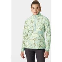 Green Helly Hansen women's fleece with abstract print, quarter zip, and high collar, worn by a model.