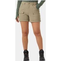 Beige Helly Hansen women's cargo shorts with quick-dry fabric, multiple pockets, and belt loops, size XL.