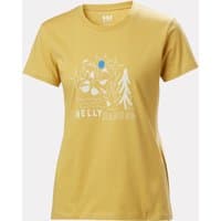 Beige Helly Hansen women's T-shirt with mountain graphic and tree design, size L.