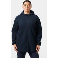 Navy Helly Hansen women's pile jacket with hood, full zip, and side pockets, size M.