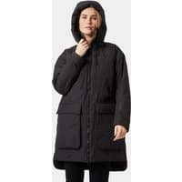 Black Helly Hansen women's winter parka with hood, front zipper, and large flap pockets, size small.