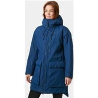 Blue Helly Hansen women's winter parka with hood, front zipper, and large pockets, size M.