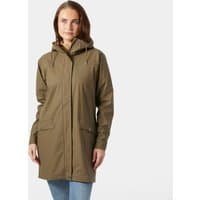 Brown Helly Hansen women's waterproof rain coat with hood, front zipper, and large pockets, size L.