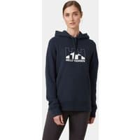 Navy Helly Hansen women's hoodie with white logo, drawstring hood, and front pocket.