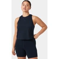 Navy blue Helly Hansen women's cropped tank top, sleeveless, round neck, lightweight fabric, size L.