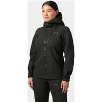 Black Helly Hansen women's shell jacket with hood, zip front, and adjustable cuffs, size XL.
