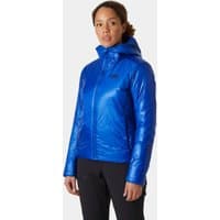 Blue Helly Hansen women's hooded down jacket, sleek design, front zipper, XS size.