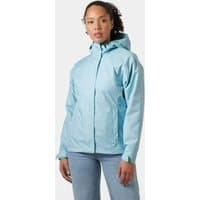 Blue Helly Hansen women's rain jacket with hood, zip front, and adjustable cuffs, size L.