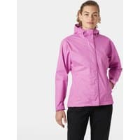 Pink Helly Hansen women's rain jacket with hood, front zipper, and adjustable cuffs, size small.