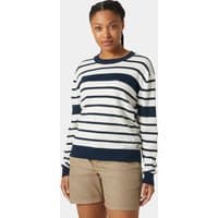 Navy and white striped Helly Hansen women's sweater with long sleeves and ribbed cuffs, size XS.