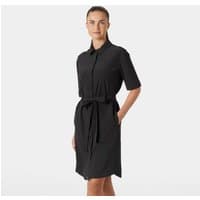 Black Helly Hansen women's shirt dress, short sleeves, button-down front, waist tie, knee-length, size M.