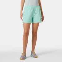 Green Helly Hansen women's shorts, mid-thigh length, elastic waistband, lightweight fabric, worn by model.
