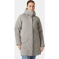 Grey Helly Hansen women's down coat with hood, long sleeves, and front zipper closure, size XL.