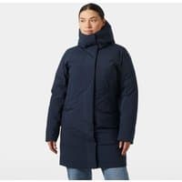 Navy Helly Hansen women's down coat with high collar, HELLY TECH® fabric, and front zipper, size XL.