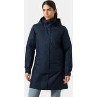 Navy Helly Hansen women's raincoat with hood, insulated design, and front zipper, size M.