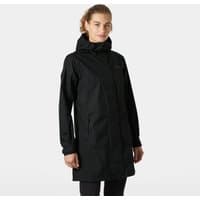 Black Helly Hansen women's raincoat with hood, front zipper, and two side pockets, size M.