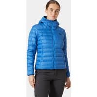 Blue Helly Hansen women's down jacket with hood, quilted pattern, and front zipper closure, size small.