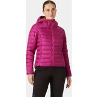 Pink Helly Hansen women's hooded down jacket with quilted pattern and front zipper, size XL.