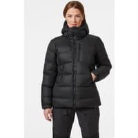 Black Helly Hansen women's down jacket, quilted design, hooded, with front zipper and side pockets, size XL.