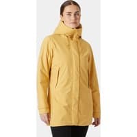 Beige Helly Hansen women's insulated mid rain jacket with hood, front zipper, and adjustable cuffs, size L.
