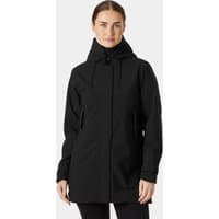 Black Helly Hansen women's insulated mid rain jacket with hood, front zipper, and adjustable cuffs, size XL.