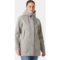 Grey Helly Hansen women's mid-length rain jacket with hood, front zipper, and insulated design, size M.
