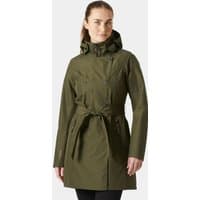 Green Helly Hansen women's trench coat, insulated, belted waist, hooded, size S, with zippered pockets and sleek design.