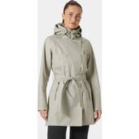 Grey Helly Hansen women's trench coat with hood, waist belt, and front pockets, size XL.