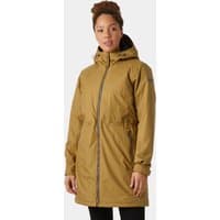 Brown Helly Hansen women's insulated coat with hood, front zipper, and adjustable waist, size M.
