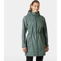 Green Helly Hansen women's raincoat with hood, waist cinch, and front zipper, size S.