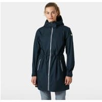 Navy Helly Hansen women's raincoat with hood, front zipper, adjustable waist, and long sleeves, size L.