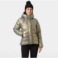Brown Helly Hansen women's down jacket, XS, with hood, quilted design, and front zipper closure.