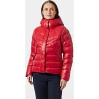 Red Helly Hansen women's winter down jacket with hood, quilted pattern, and front zipper, size M.