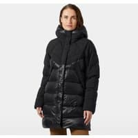 Black Helly Hansen women's down parka with hood, quilted design, and full-length zipper, size XL.