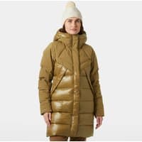 Brown Helly Hansen women's down parka with hood, quilted design, and front zipper, size S.