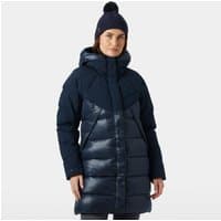 Navy Helly Hansen women's down parka with hood, quilted design, and front zipper closure, size XL.