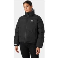 Black Helly Hansen women's reversible puffer jacket, XL, with high collar and logo on chest.