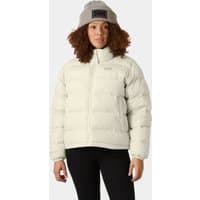 White Helly Hansen women's reversible puffer jacket, size L, with quilted design and high collar.