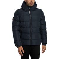 Navy hooded sports puffer jacket with quilted design, front zipper, and Superdry logo on sleeve.