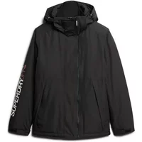 Black Superdry Yachter hooded windbreaker with front zipper and logo on sleeve.