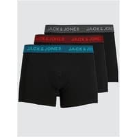Three-pack Jack & Jones trunks, black with grey, red, and blue elastic waistbands, medium size.